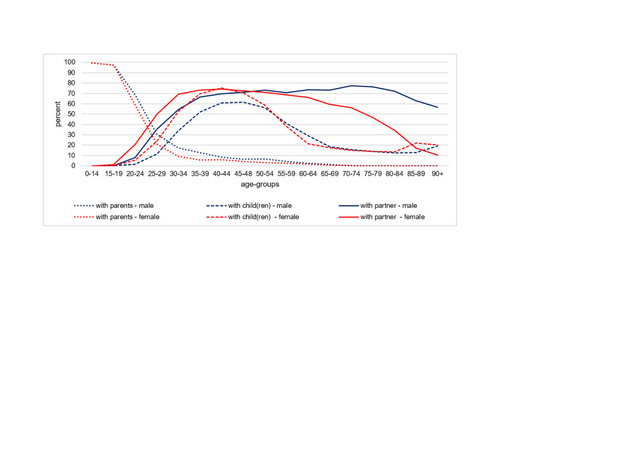 Figure describes the development from age group 0-14 to age group 90+ for six different household constellations. 